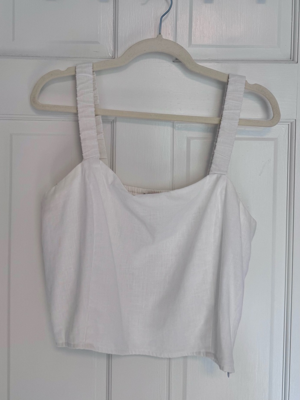 LOFT | White Linen Square-Neck Crop Tank with Ruched Straps, Size 14P - EUC